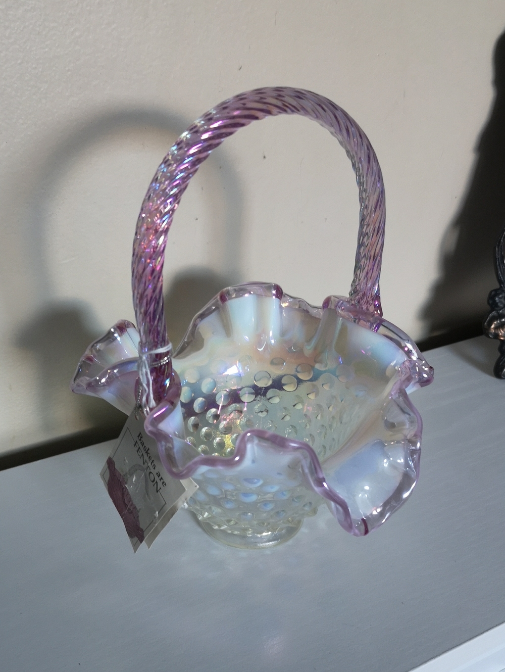 Stunning Vintage Fenton Basket NWT Pink and White Opalescent Hobnail Iridescent